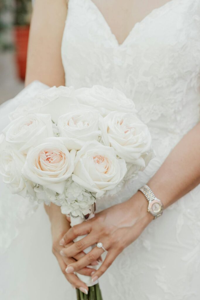 Getting ready of bride holding bouquet, Riviera Maya wedding